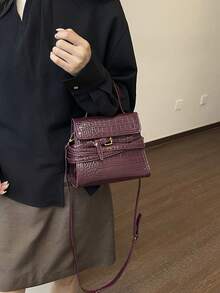 女款正方形手提包，時尚極簡復古優雅 PU 鱷魚壓紋布料，斜跨包，適合女性、女孩、大學生，購物、通勤，酒紅色 - 酒紅色 - 查看 4