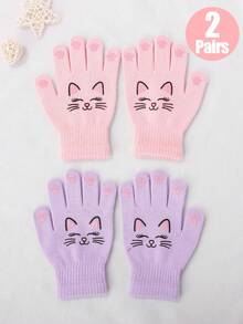 2 Pairs Girls' Cat & Rabbit Pattern Knitted Warm Gloves, Suitable For Outdoor Travel And Daily Use In Autumn/Winter - Pink+Purple - View 1