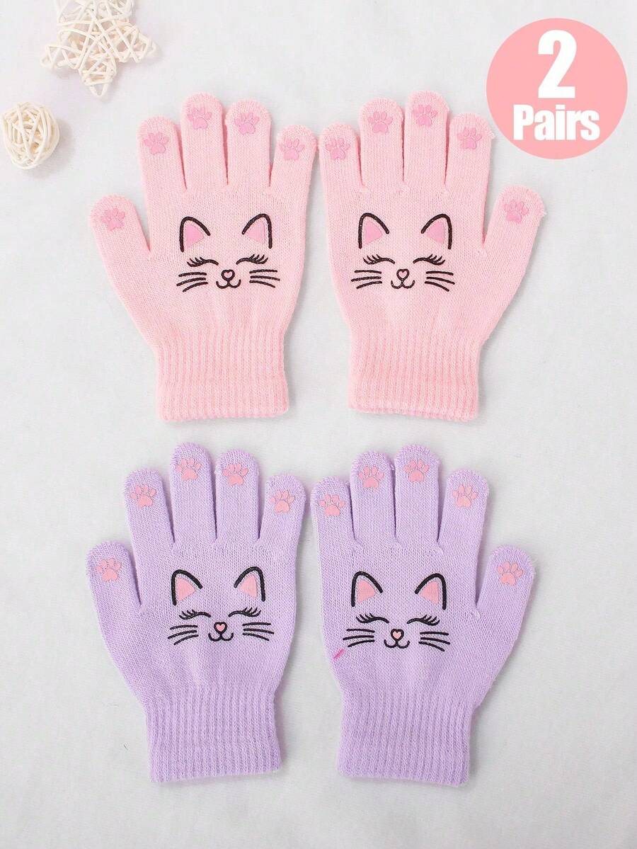 2 Pairs Girls' Cat & Rabbit Pattern Knitted Warm Gloves, Suitable For Outdoor Travel And Daily Use In Autumn/Winter - Pink+Purple - View 1