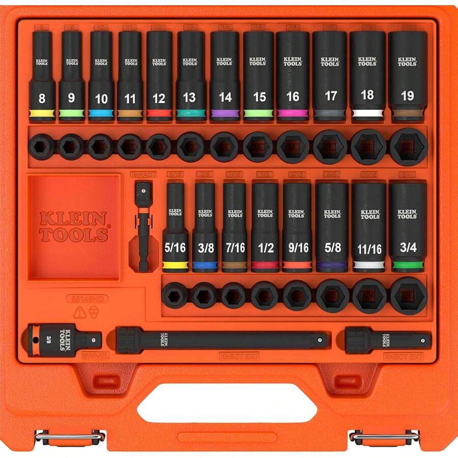 Klein Tools 65148HD KNECT Juego de llaves de impacto profundo y poco profundo, unidad de 3/8 pulgadas, SAE y métrico, juego de herramientas de 44 piezas, driver de impacto, adaptador giratorio - Juego métrico de 9 piezas - Ver 1
