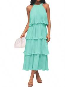 ZESICA Vestido Largo de Gasa para Mujer, 2023, sin Mangas, Cuello Halter, con Volantes, Escalonado, con Vuelo, de Verano - Morado - Ver 22