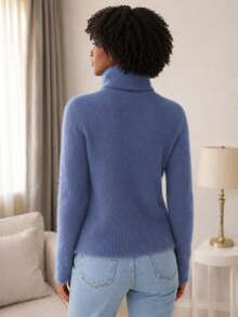 Furry Spotted Turtleneck Rabbit Wool Blouse – Soft, Elegant And Comfortable Rabbit Wool Turtleneck Blouse | Sophistication And Comfort - Azul Névoa - 查看 3