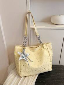 1pc Star Pendant Decor Star Pattern Polyester Fiber Large Capacity Zipper Fashion Shoulder Bag Suitable For Women's Daily Use - Yellow - View 8