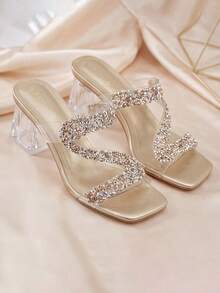 High Heel Mule Sandals [S-Wave Rhinestone Banquet Shoes] Clear PVC Straps Crystal Block Heel Summer Dressy Casual - Champagne - View 1