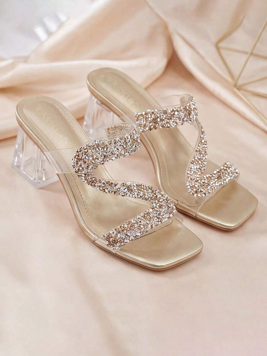 High Heel Mule Sandals [S-Wave Rhinestone Banquet Shoes] Clear PVC Straps Crystal Block Heel Summer Dressy Casual - Champagne - View 1