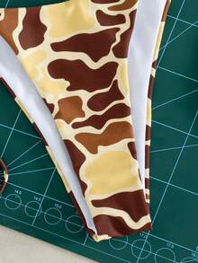 Women Brown Cow Print Bikini Set Triangle Halter Sliding Cup Adjustable Tie Top Side Tie Bottom Low Rise High Cut Minimal Coverage Sexy Summer Yellow - Yellow - View 5