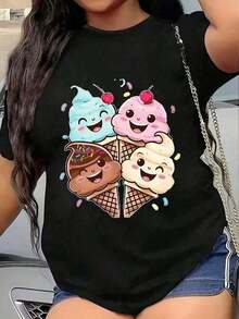 Camiseta informal de  con estampado de helado, manga corta, corte regular, de algodón, ideal para el verano. KHBM - Negro - Ver 1
