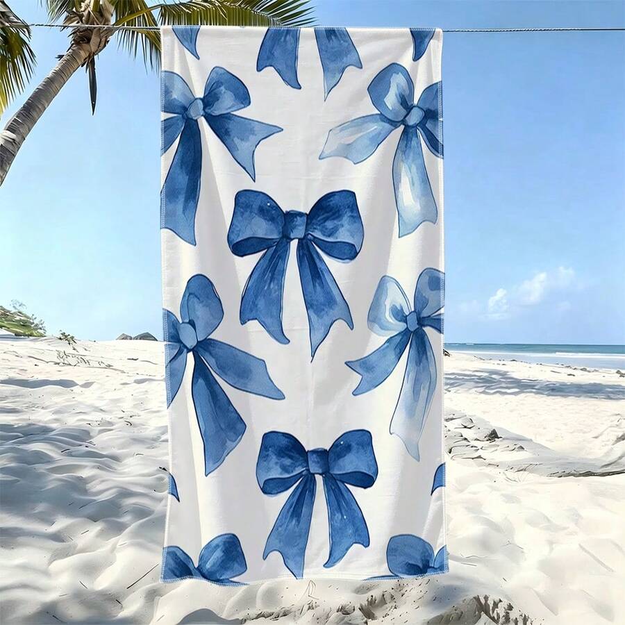 1 pieza Toalla de playa con lazo azul acuarela - Microfibra suave, secado rápido, tonos sofisticados de azul marino y cielo, diseño decorativo caprichoso, adecuada para viajes, natación, piscina, yoga, lavable a máquina - Multicolor - Ver 1