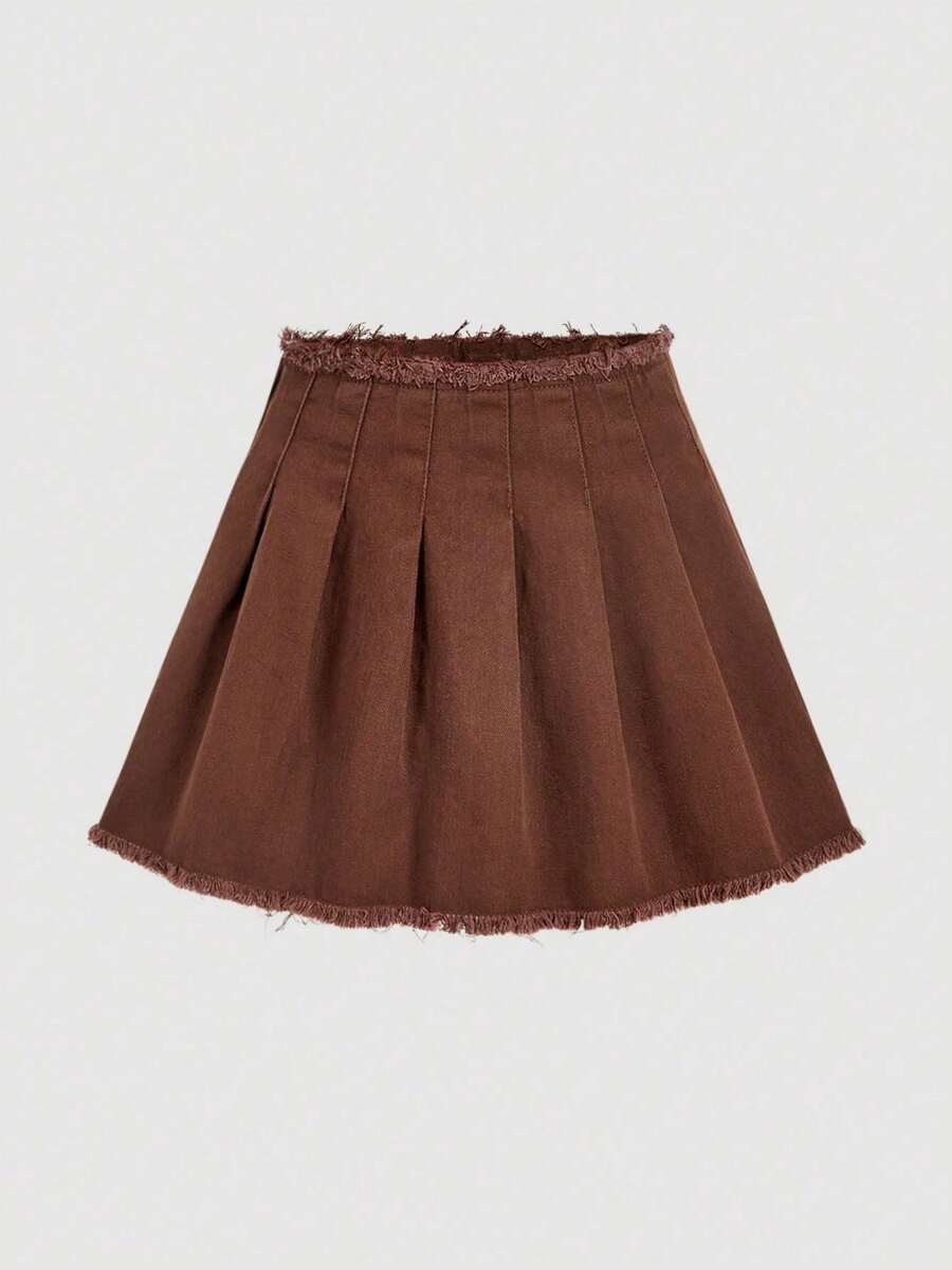Falda De Mezclilla Plisada Y Deshilachada Para Mujer - Café integral - Ver 1