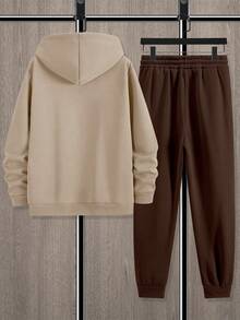 Youth Boy Letter Print Warm Hoodie And Pants Set - Apricot - View 2