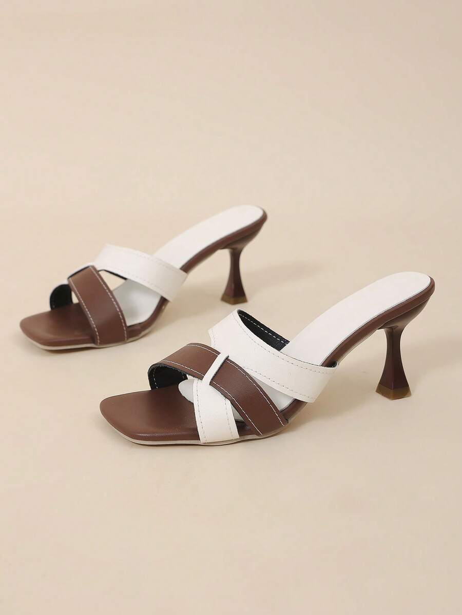 1 Pair Plus Size Women's High Heel Slide Sandals, White & Brown Cross ...