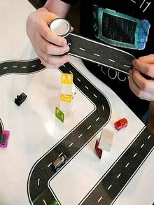 1 Roll 2 Inch Reusable Cartoon Road Track Stickers, 16 Feet Car Spike Strip, Black Polyurethane Tape With Glitter Finish, Racing Party Decoration, Car Theme Back To School Party Favors - Multicolor - View 5