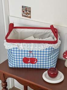 1pc Blue Plaid Cherry Storage Basket With Lace Trim Embroidery, Handheld Large Capacity Multi-Functional Clothes & Sundries Organizer Basket, All Season - Multicolor - View 7