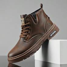 Men's Vintage Brown Side Zipper Snow Boots, High-Top Work Boots, Non-Slip PU Leather Ankle Boots, Suitable For Outdoor And Daily Wear - Brown - View 5
