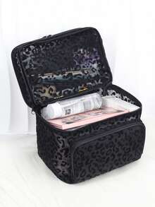 Bolsa de maquillaje de doble capa con estampado de leopardo en malla negra minimalista de moda, gran capacidad, multifuncional, diseño conveniente con asa única y múltiples bolsillos, bolsa de almacenamiento plegable con compartimentos - Negro - Ver 3