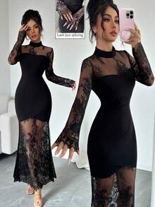 Nuevo vestido elegante y sexy de manga larga con encaje calado, ceñido a la cintura, de corte ajustado tipo sirena, de alta gama y elástico, - Champán - Ver 4