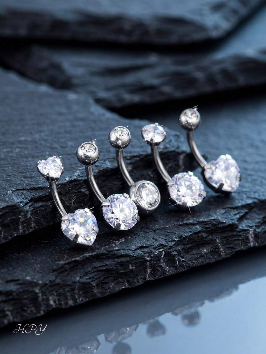 5 piezas Anillos de ombligo de acero inoxidable 14G, Anillos de ombligo con forma de corazón para mujeres y niñas, Incrustados con cristales, Adecuados para el Día de San Valentín, Madre, Día de la Madre y otras ocasiones, Se pueden usar como regalos. - estilo mixto - Ver 1