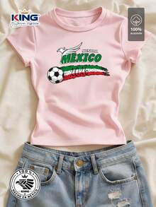 Camiseta para dama 100% Algodón, manga corta, cuello redondo, corte femenino, suave y cómoda. Diseño " MÉXICO 2026" con estampado artístico vibrante. - Rosa - Ver 1