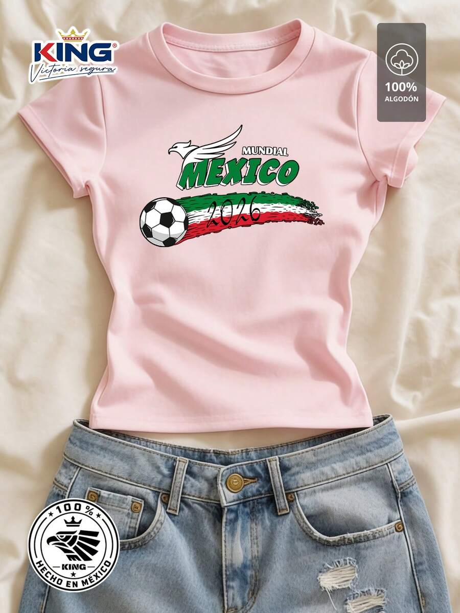 Camiseta para dama 100% Algodón, manga corta, cuello redondo, corte femenino, suave y cómoda. Diseño " MÉXICO 2026" con estampado artístico vibrante. - Rosa - Ver 1
