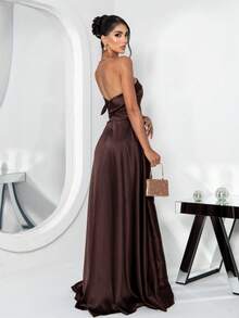 Elegant Strapless Long Party Dress With Built-In Bra Cups And A Full Skirt. - Rust Brown - View 2