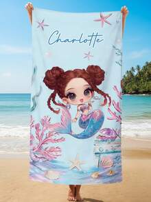Personalized Mermaid Beach Towel, Customized Name Soft Towel, Cartoon Mermaid Ocean Theme Pattern - Multicolor - View 14