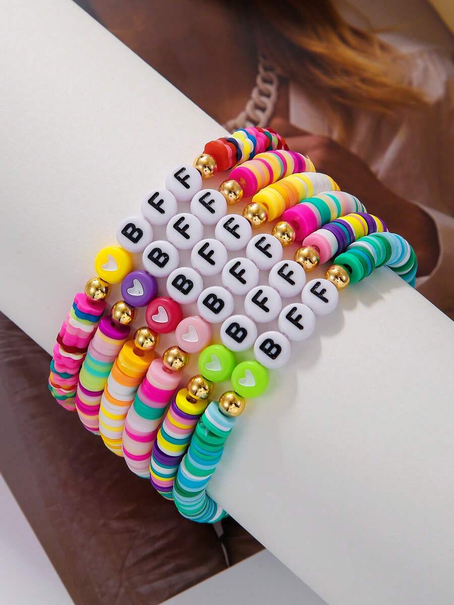 RINTOLER 1 Set de 6 piezas de pulseras de amistad elásticas con cuentas de arcilla suave en forma de corazón y letras inglesas, estilo de vacaciones de verano, colores caramelo, versátiles y geométricas, color aleatorio, mejor regalo para amigos - Multicolor - Ver 1