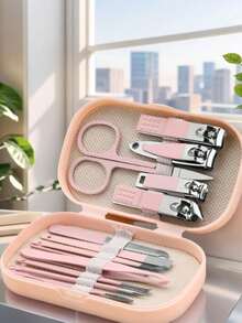Unisex Multi-Color Manicure & Pedicure Set, Stainless Steel Nail Clippers, 8-In-1 Professional Durable Portable Grooming Kit, Includes Portable Toenail Clippers, Eyebrow Trimmer, Ear Pick, With Green, Blue, Pink Leather Storage Case - A - View 5