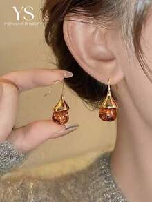 1對水滴圓形耳環，時尚小眾設計奢華耳鉤，女款復古懷舊高端耳環 - 咖色水滴款 - 查看 2