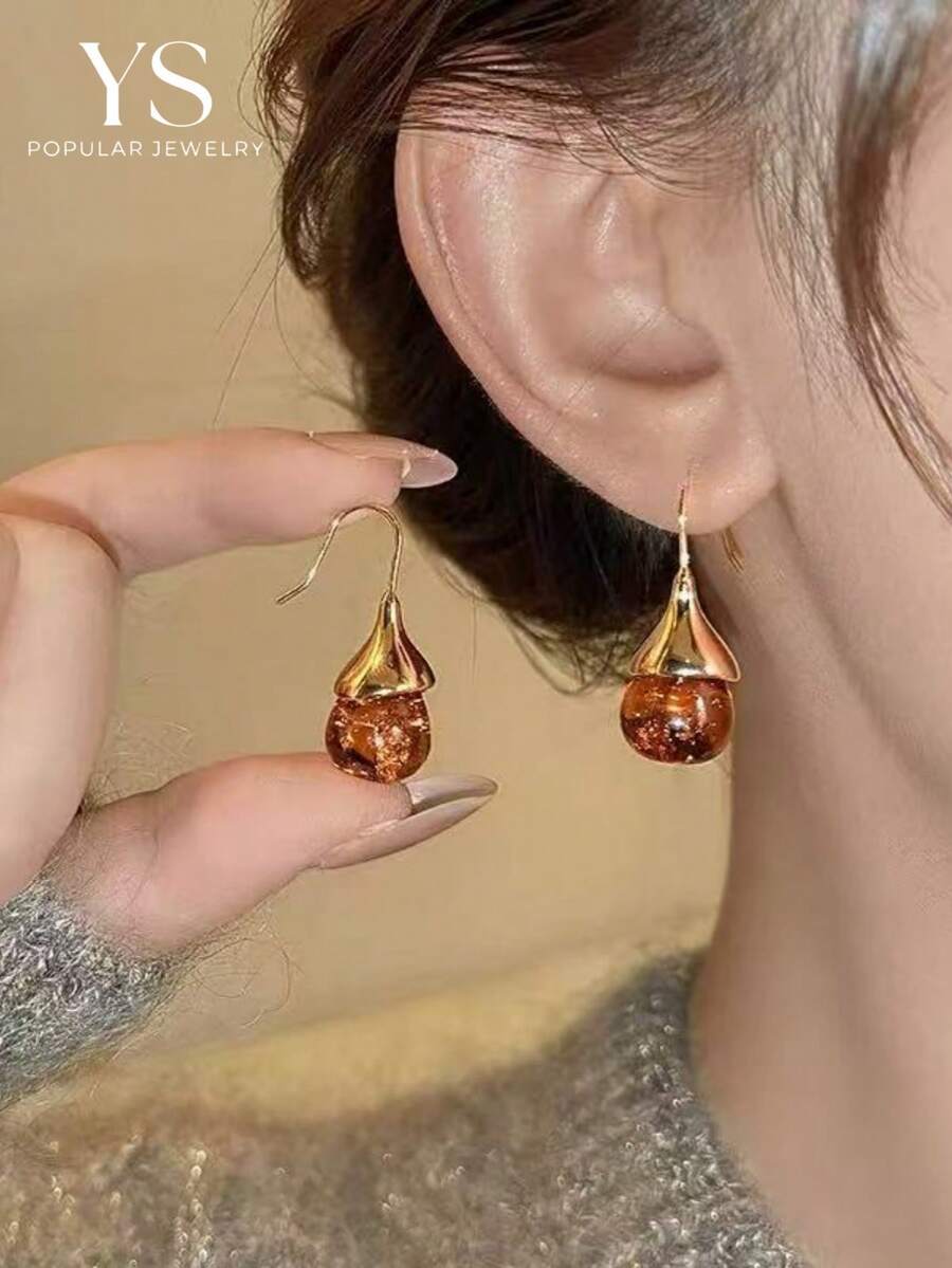 1對水滴圓形耳環，時尚小眾設計奢華耳鉤，女款復古懷舊高端耳環