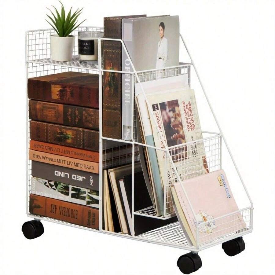 Sleek Compact Iron Storage Cart - Rolling Under-Desk Bookshelf With Easy Assembly And Painted Finish For Home & Office - White - View 1