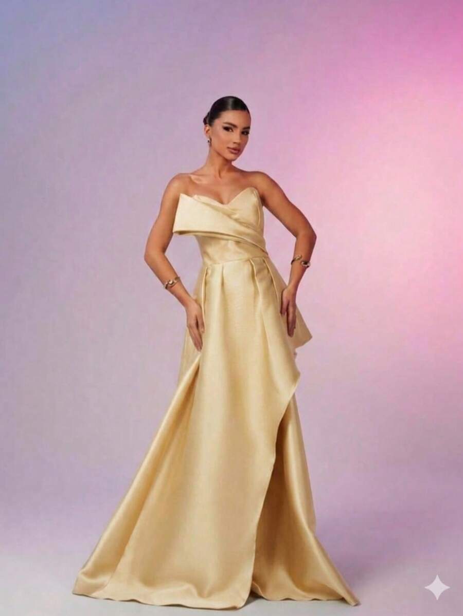 Elegant, Conservative Strapless Princess Dress For Weddings Or Graduation Parties. - Yellow - View 1