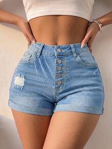Women's Denim Shorts Summer Casual Rolled Hem Cat Whisker Ankle Detail Lightweight Combination - Light Wash - View 1