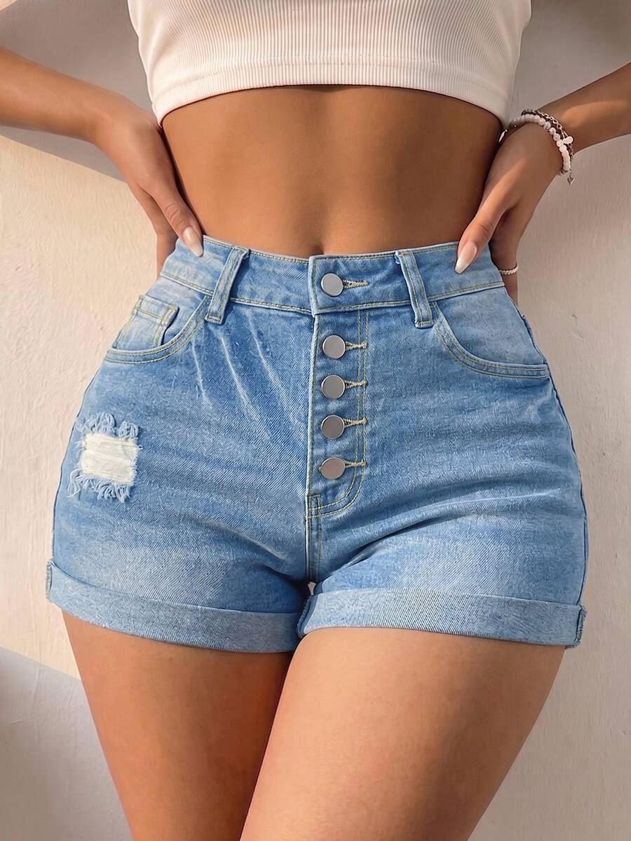 Women's Denim Shorts Summer Casual Rolled Hem Cat Whisker Ankle Detail Lightweight Combination - Light Wash - View 1
