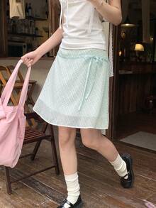 Summer Fresh Plaid Skirt With Bow Tie - Mint Green - View 2