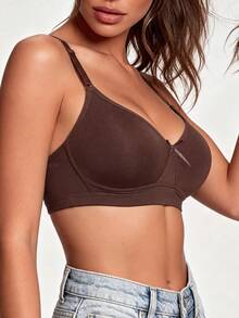 1pc Women's Comfortable Wireless Soft Cup Solid Color Cotton Sleep Bra - Coffee Brown - View 5