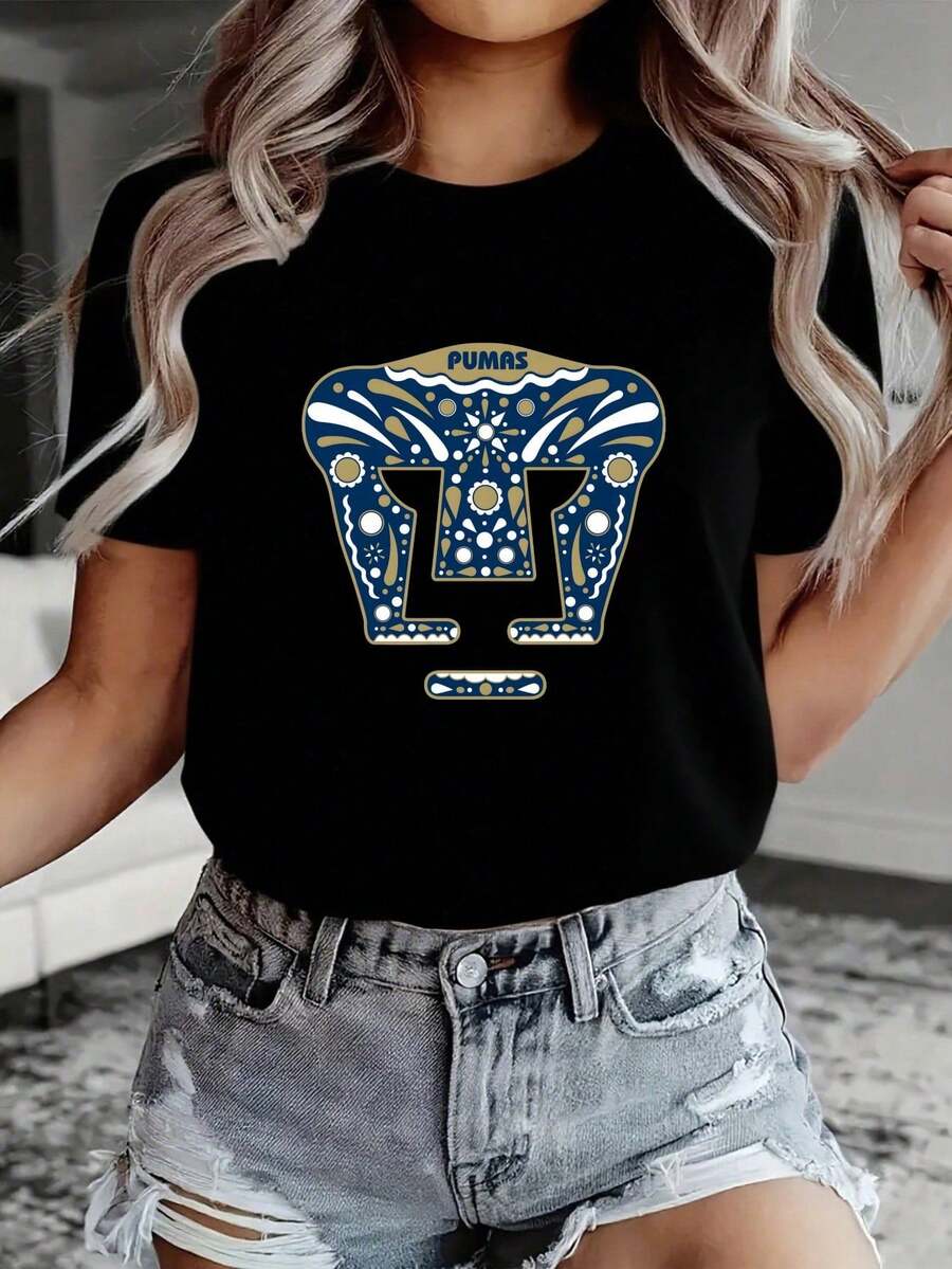 Women's White Cotton T-Shirt, Pumas UNAM Logo Print Decorated With Traditional Mexican Blue And Gold Designs, Ideal Sports Top For Football Fans - 黑色 - 查看 1