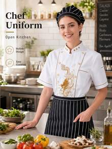 Premium White Chef Uniform With Dragon Embroidery, Short Sleeve Stand Collar, Professional Hotel Kitchen Workwear Fall - White - View 5