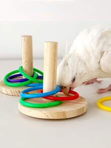 Natural Wooden Parrot Chewing Toy With Colorful Chewing Rings, Suitable For Lovebirds, Cockatiels, Parakeets And Parrots. Interactive Educational Stimulation, Parrot Accessories, Pet Play Toys, Fun Design, Random Color. - A+B - View 2