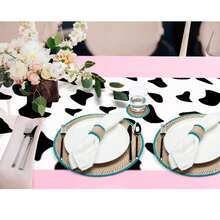 Disposable Plastic Tablecloth With Cow Print, 53.94 X 107.87 Inches, Rectangular Pink Elegant Party Tablecloth, Cowgirl Birthday Theme Decor, Machine Woven - Black And White Design - View 6