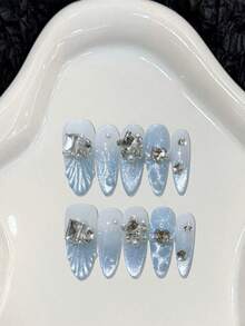 10 Pcs Premium Gray-Blue Glitter Cat Eye Gradient Pearl Rhinestone Fake Nails. Cool Cat Eye Long Pointed Oval Detachable Fake Nails Suitable For Spring And Summer Daily Wear. Suitable As A Gift For Ladies And Girls. Comes With A Storage Box. - Dusty Blue - View 1