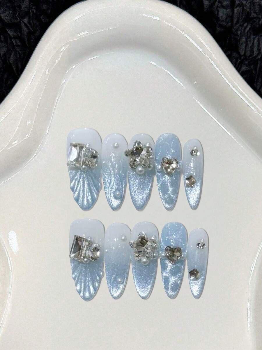 10 Pcs Premium Gray-Blue Glitter Cat Eye Gradient Pearl Rhinestone Fake Nails. Cool Cat Eye Long Pointed Oval Detachable Fake Nails Suitable For Spring And Summer Daily Wear. Suitable As A Gift For Ladies And Girls. Comes With A Storage Box. - Dusty Blue - View 1