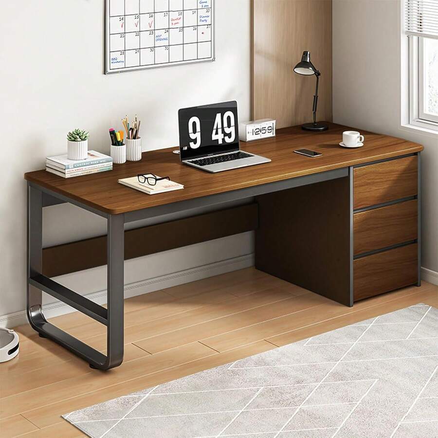 120CM Escritorio de Oficina Minimalista, Espacioso Escritorio para Computadora con 3 Cajones, Escritorio Minimalista con Patas de Mesa Reforzadas, Ideal para Estudio,Juegos y Trabajo (Marrón) - Marrón - Ver 1