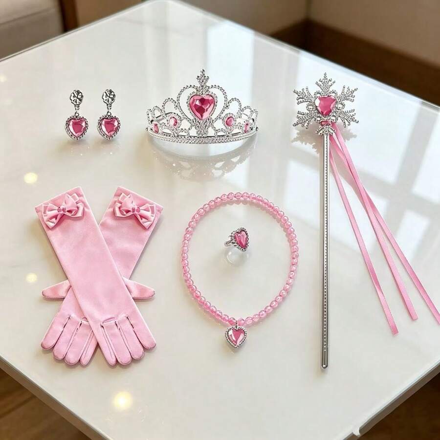 6件組粉色服飾配件套裝,包含皇冠套組、項鍊、耳環、戒指、手套,適合日常搭配與節日穿搭,萬聖節 - 粉色 - 查看 1