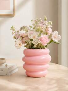 1pc Macaron Color Glossy Vase, Stacked Ripple Design Modern Minimalist Decorative Vases For Floral Arrangement, Living Room Table Decor - Honey Jar - View 4