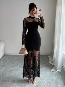 Nuevo vestido elegante y sexy de manga larga con encaje calado, ceñido a la cintura, de corte ajustado tipo sirena, de alta gama y elástico, - Champán - Ver 5