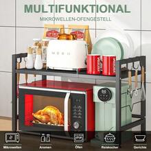 3/2-Story Kitchen Storage Rack With 6 Hooks, Expandable Microwave Rack, Microwave Storage Rack, High Load-Bearing Design, Rust Resistant And Durable, Suitable For Kitchen/Office/Storage Room, Expansion Range 40-64cm (Black), Standing Shelf - 黑色 - 查看 7
