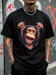 Men's Loose Fit T-Shirt, 3D Optical Illusion Illustration Of A Happy Smiling Chimpanzee Holding The Edges, Short Sleeve T-Shirt, Casual Youth Streetwear Style. - 黑色 - 查看 6
