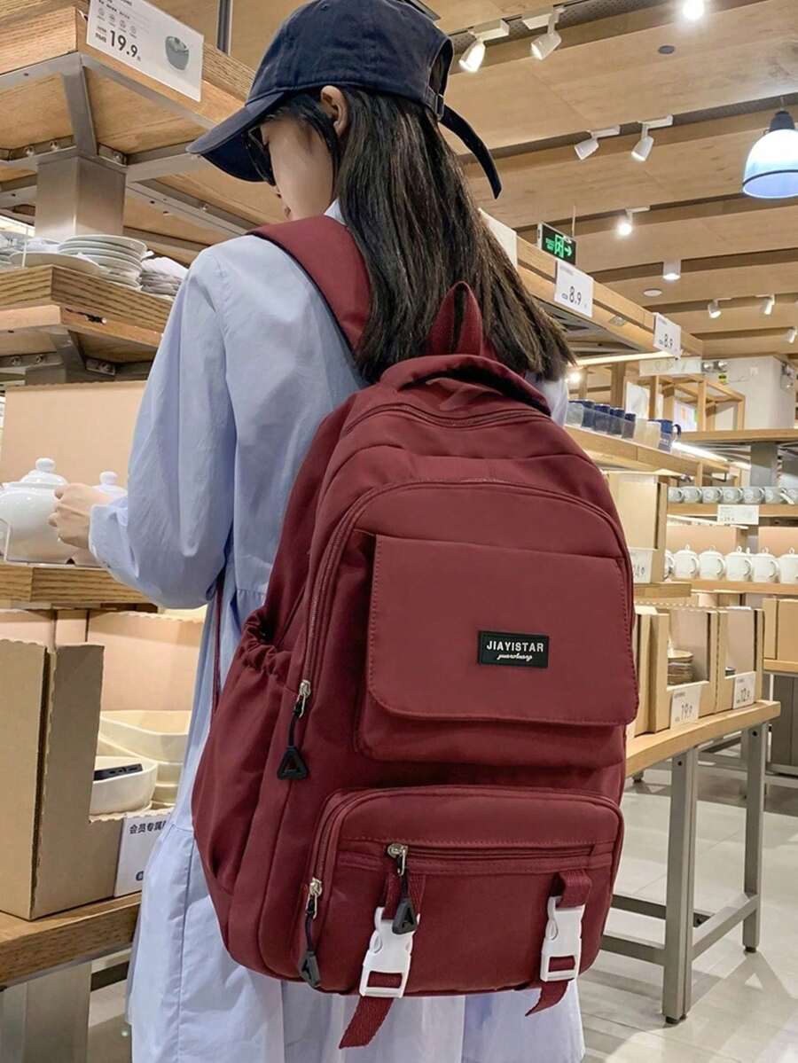 Mochila ligera, de estilo casual de negocios, impermeable, con parche de letra decorativo y funcional. para estudiantes universitarios, adolescentes, secundaria y preparatoria. - Camel - Ver 1