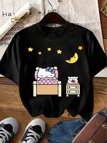 Playera Oversize con Estampado de Gato Kawaii Durmiendo Cuello Redondo Básica Streetwear Casual Estilo Japonés Urbano Gráfico Chica  Retro - Negro - Ver 1