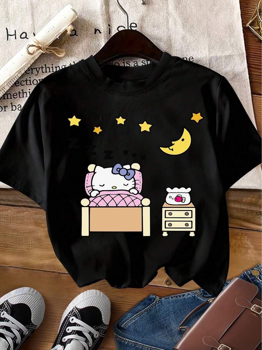 Playera Oversize con Estampado de Gato Kawaii Durmiendo Cuello Redondo Básica Streetwear Casual Estilo Japonés Urbano Gráfico Chica Retro - Negro - Ver 1